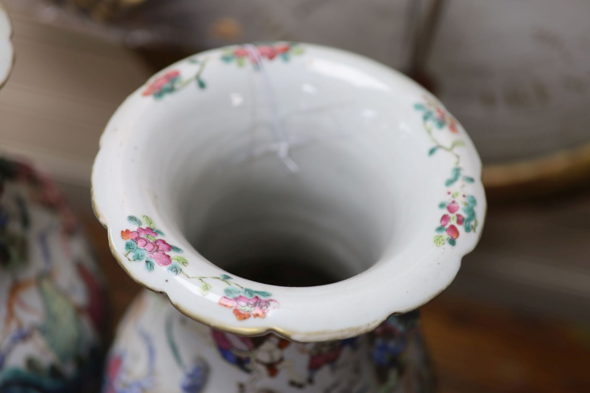 A pair of 19th century Chinese famille rose vases, height 46cm (a.f.)